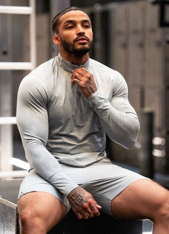 Gym King Debossed Camo 1/4 Zip Funnel Cloudy Grey Men Clothing J2PFB172