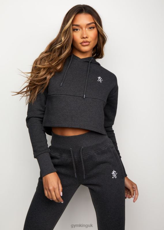 Gym King Sky Fleece Crop Hoodie Charcoal Marl/White Women Clothing J2PFB628