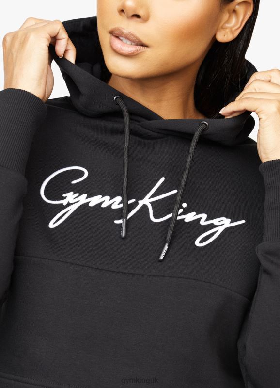 Gym King Sky Script Cropped Hoodie Black/White Women Clothing J2PFB622