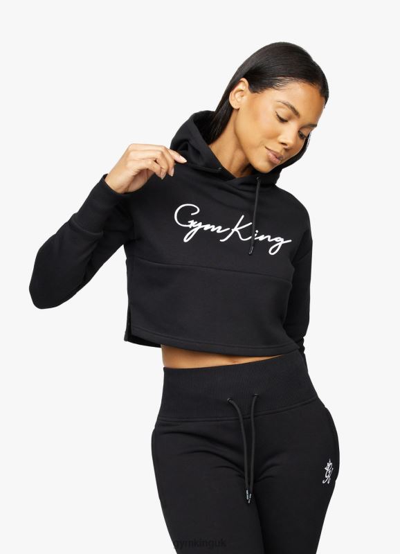 Gym King Sky Script Cropped Hoodie Black/White Women Clothing J2PFB622