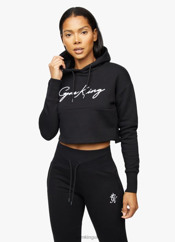 Gym King Sky Script Cropped Hoodie Black/White Women Clothing J2PFB622