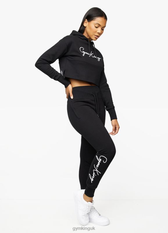 Gym King Sky Script Cropped Hoodie Black/White Women Clothing J2PFB622