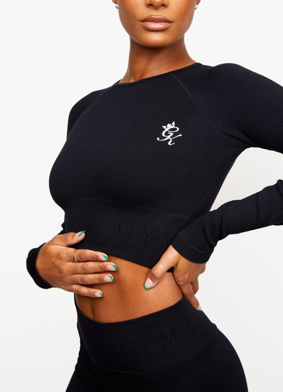 Gym King Formation Rib Long Sleeve Crop Tee Black Women Clothing J2PFB477