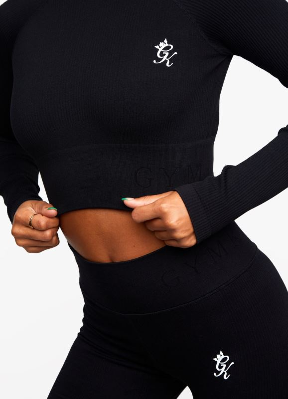 Gym King Formation Rib Long Sleeve Crop Tee Black Women Clothing J2PFB477