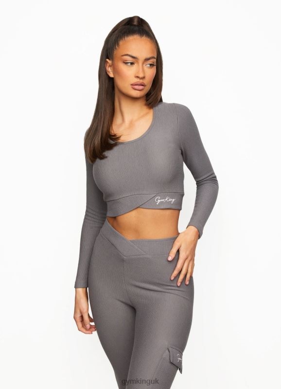 Gym King Transition Rib Long Sleeve Crop Gun Metal Women Clothing J2PFB467