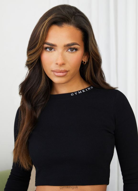 Gym King Utility Rib LS Crop Top Black Women Clothing J2PFB420