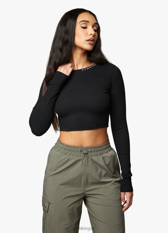 Gym King Utility Rib LS Crop Top Black Women Clothing J2PFB420